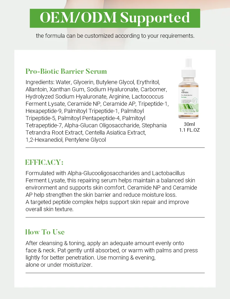 Product label for a Probiotic Barrier Serum highlighting ingredients, efficacy, and usage instructions, with OEM/ODM customization supported.